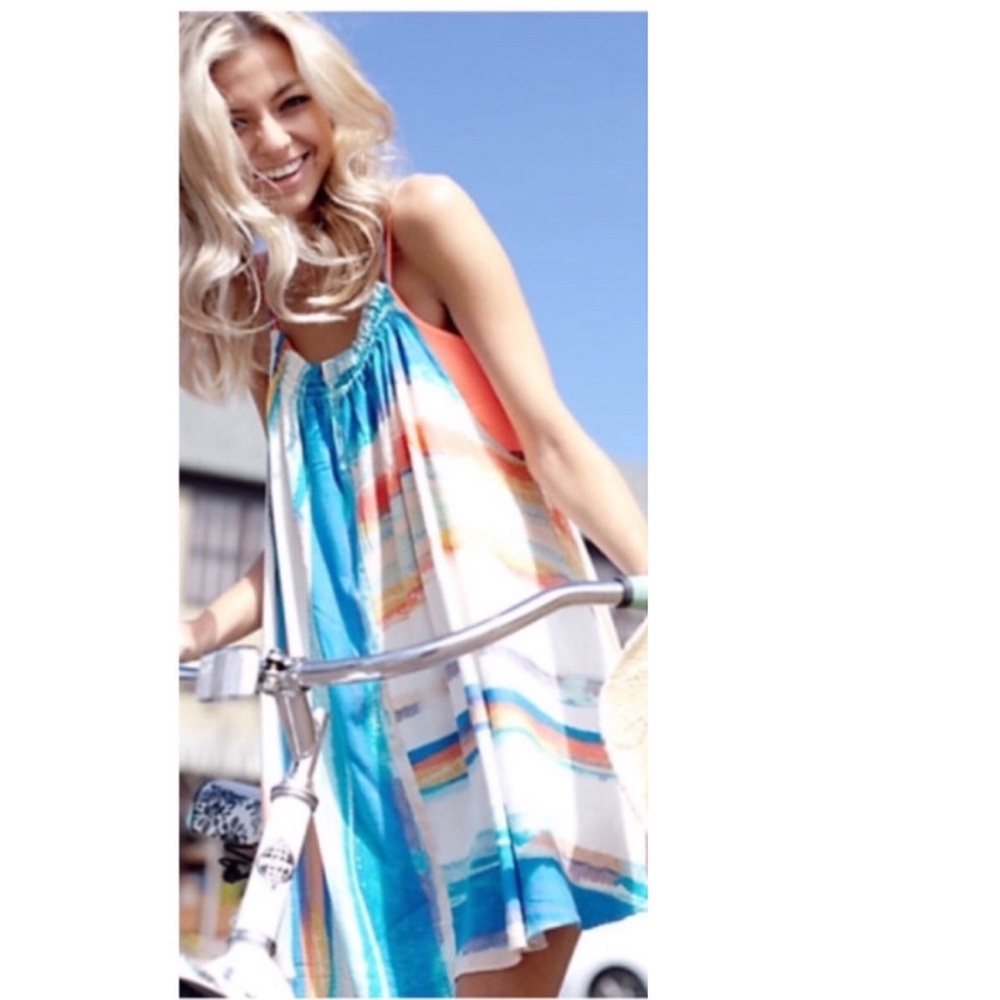 Free People Painted Stripe Mini Dress Halter Tunic White Multi Sundress Large - Picture 13 of 15